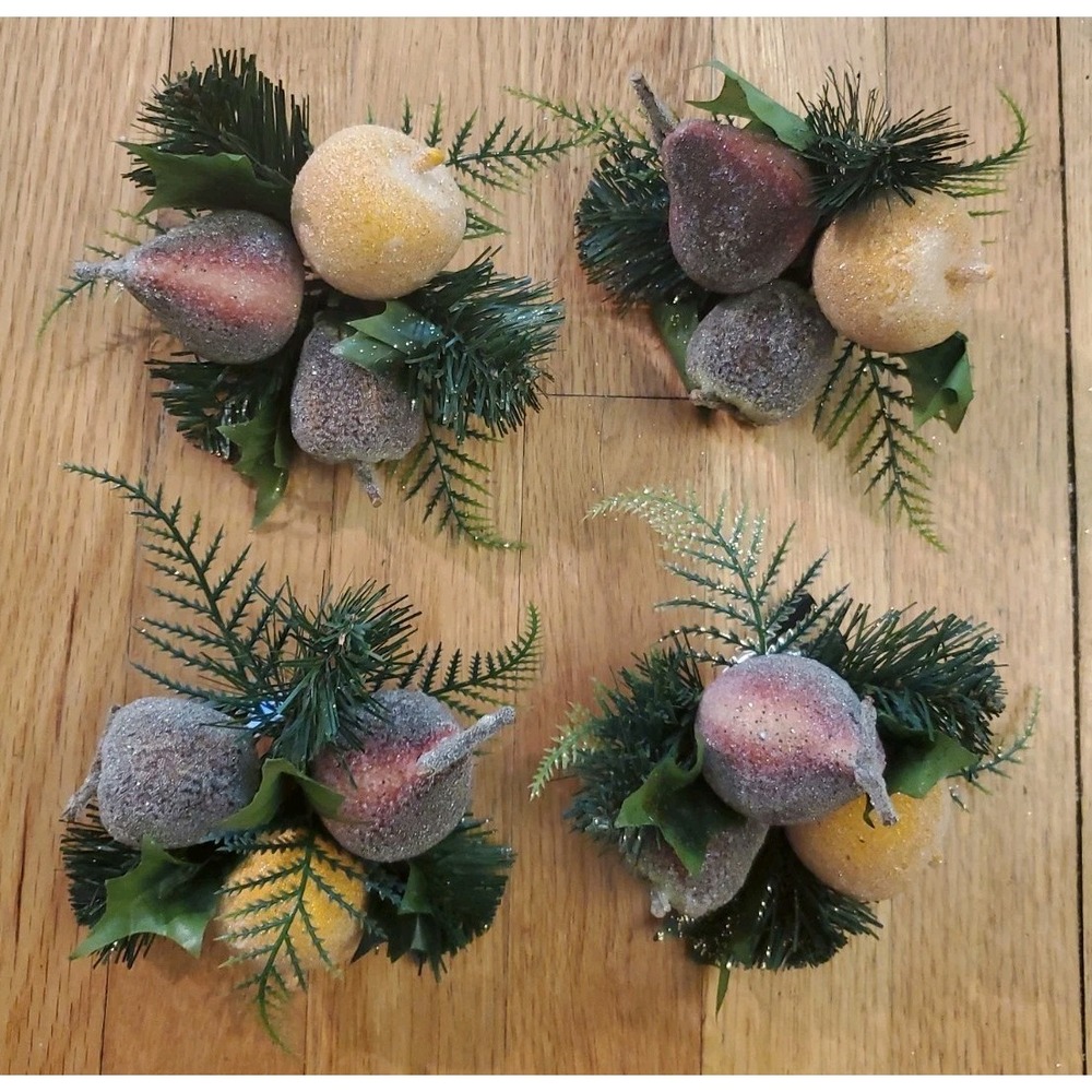 Vtg Set Sugared Fruit Clip-On Christmas Tree Picks Ornaments Yellow Apples Pears